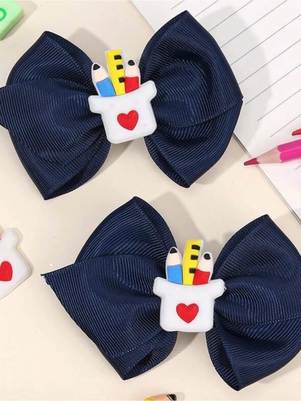 Navy Bow Hair Clips with Pencil Pot Accent - Kids